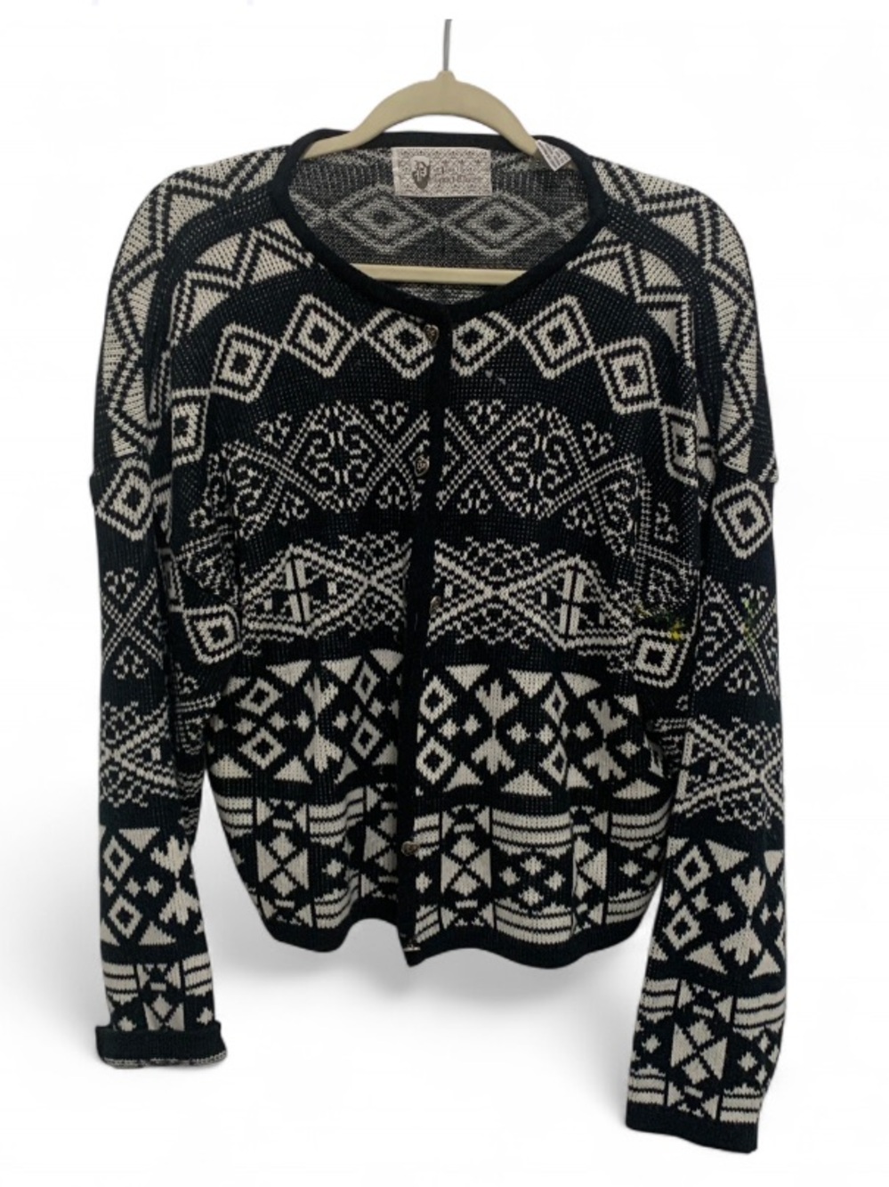 Vintage Black and White Patchwork Patterned Button Sweater Cardigan
